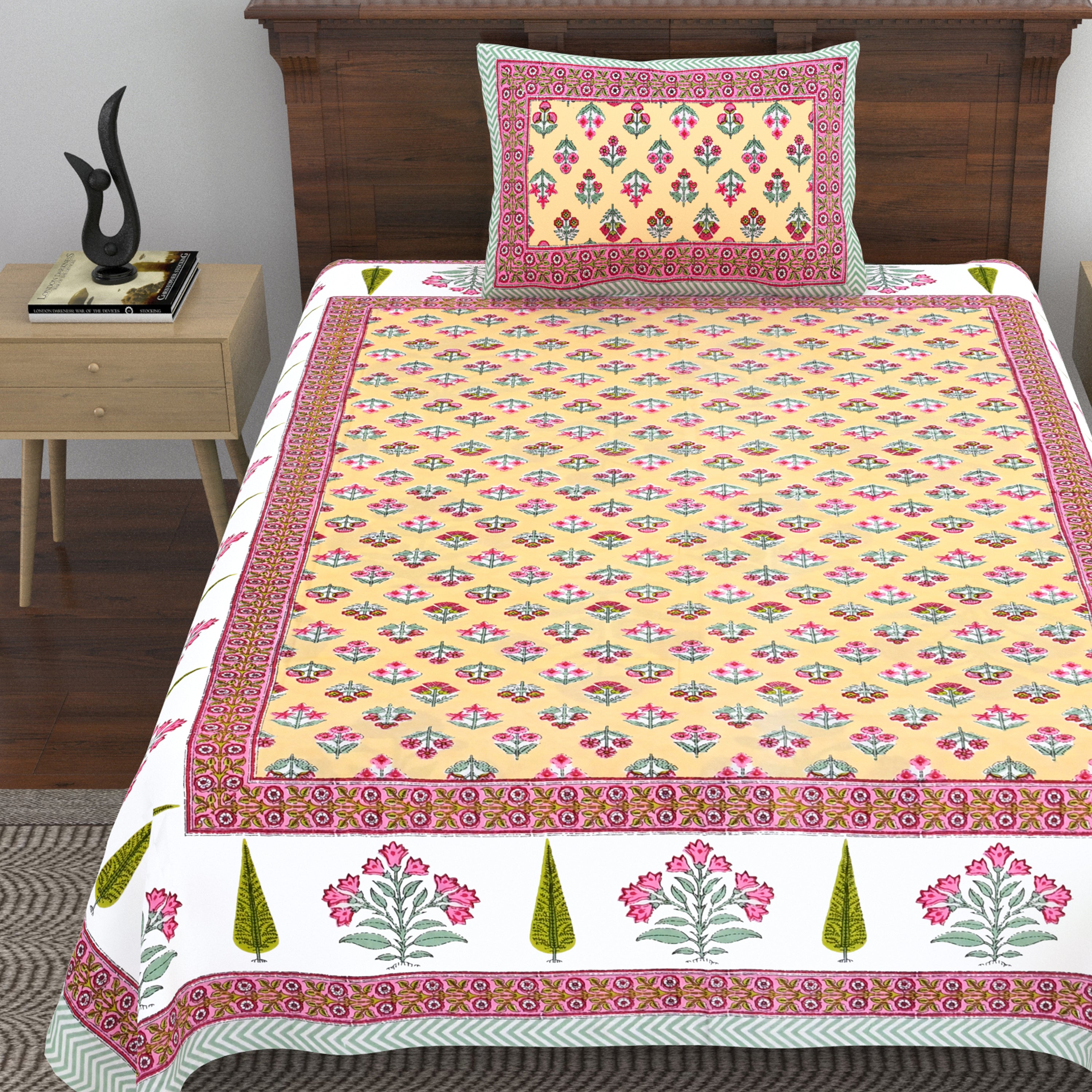 Cotton Floral Print Single bedsheet with 1 Pillow Cover