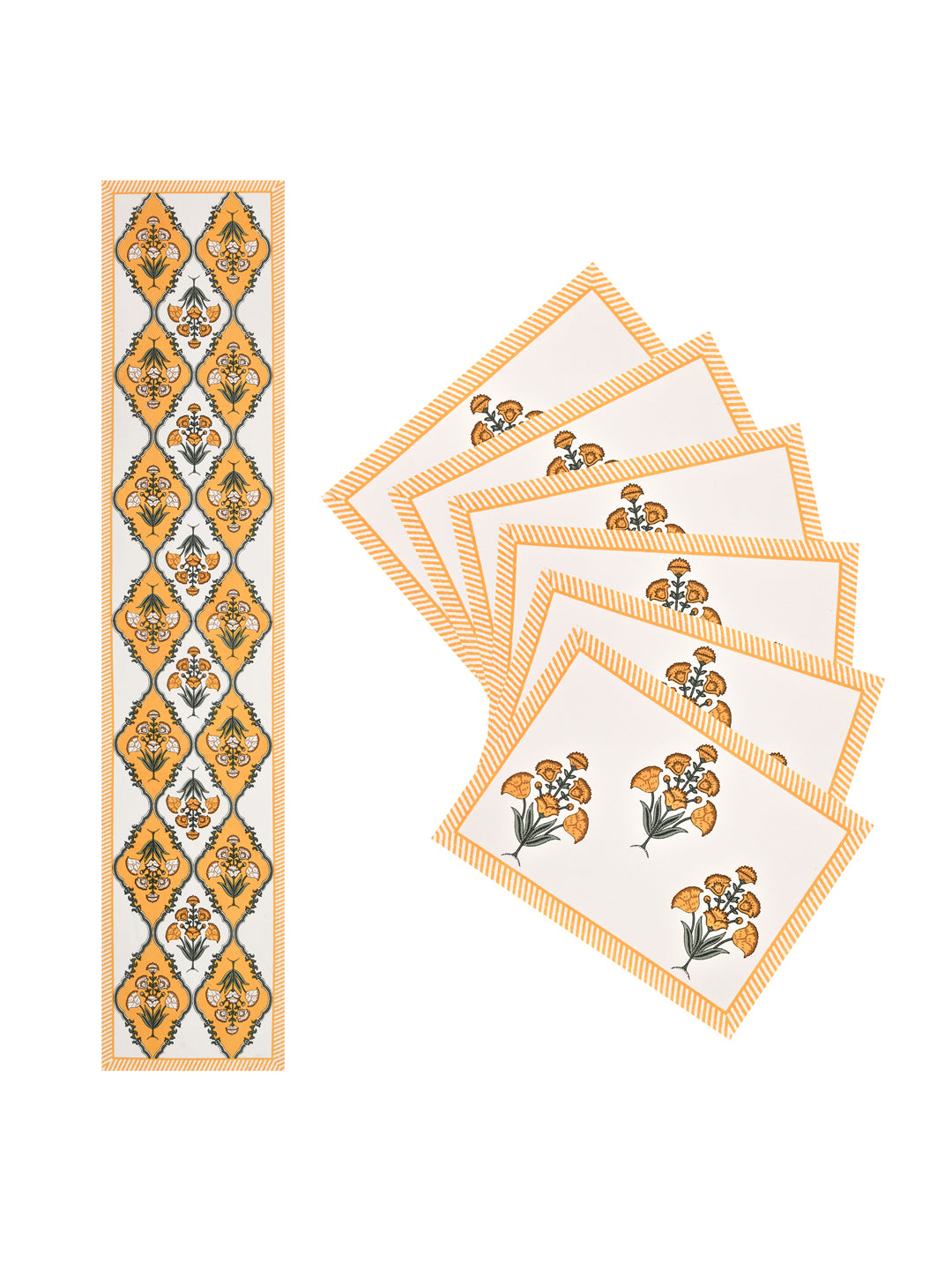 Handblock Printed Canvas Cotton Table Runner With Set Of 6 Mats