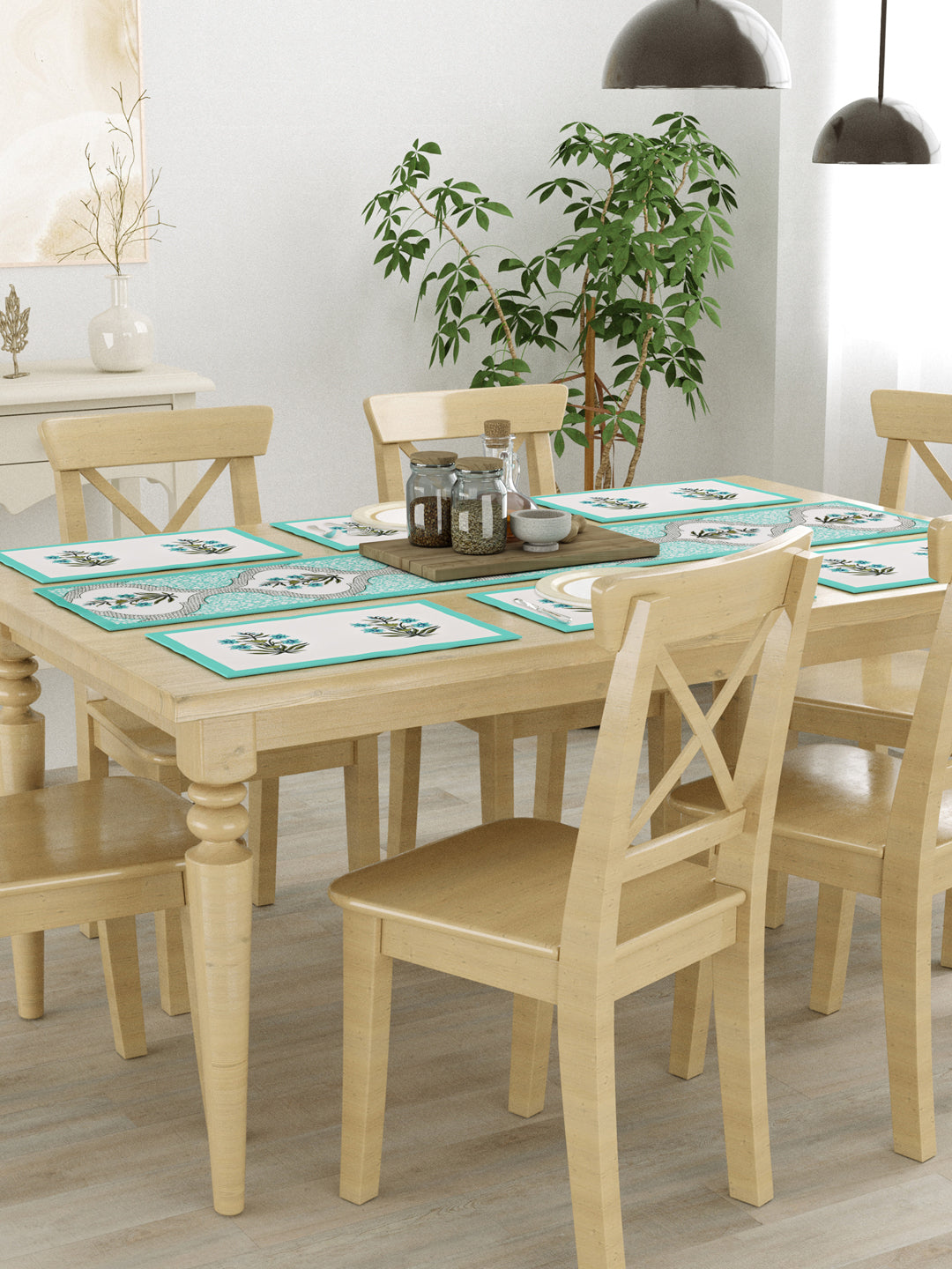 Handblock Printed Canvas Cotton Table Runner With Set Of 6 Mats