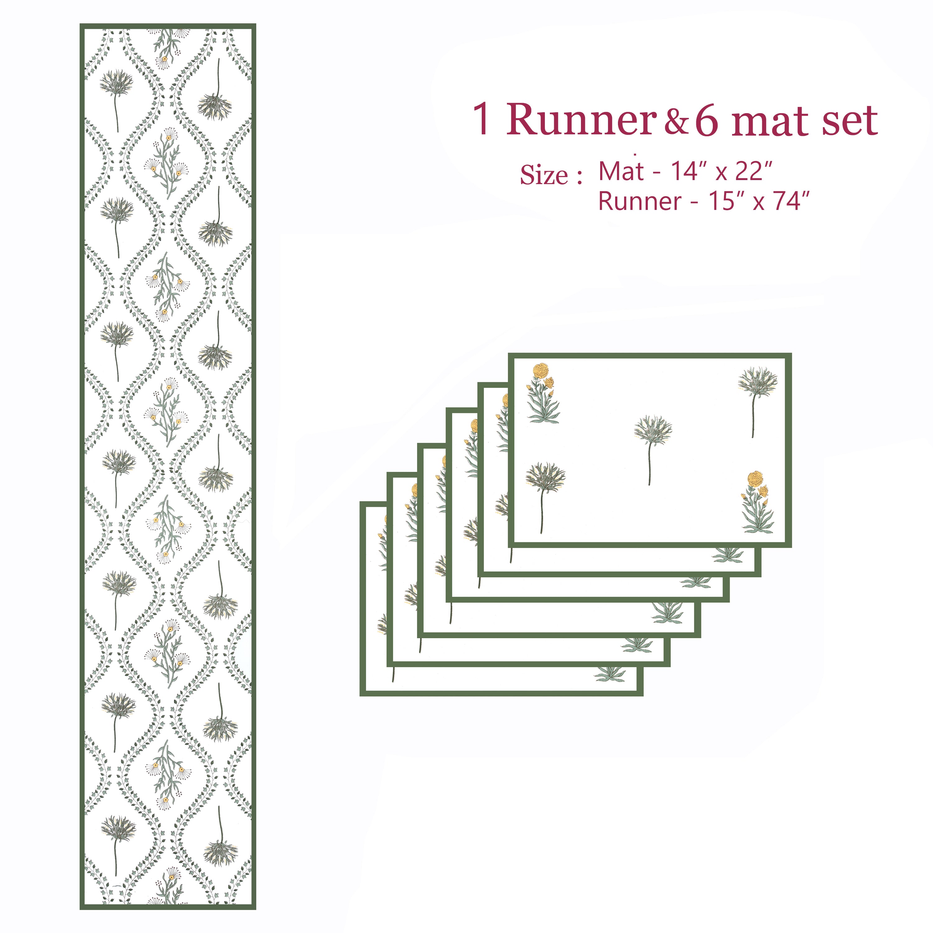 Handblock Printed Canvas Cotton Table Runner With Set Of 6 Mats