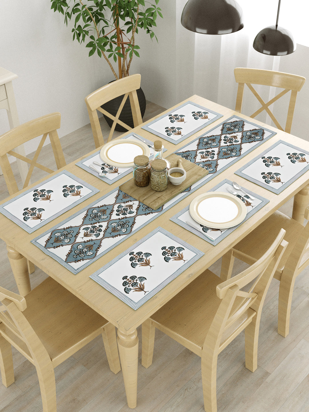 Handblock Printed Canvas Cotton Table Runner With Set Of 6 Mats