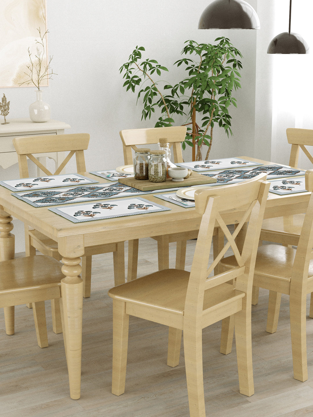 Handblock Printed Canvas Cotton Table Runner With Set Of 6 Mats