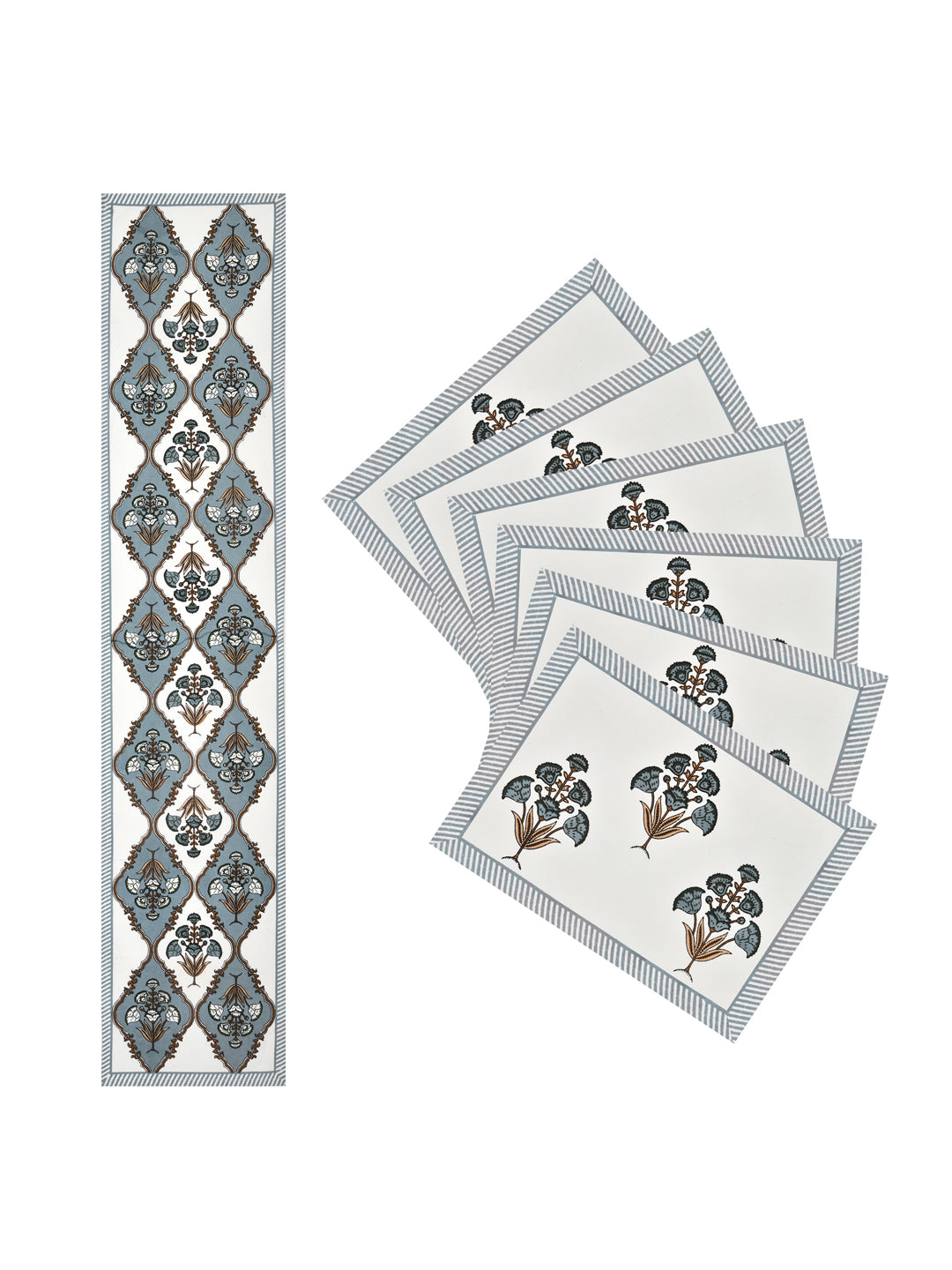 Handblock Printed Canvas Cotton Table Runner With Set Of 6 Mats
