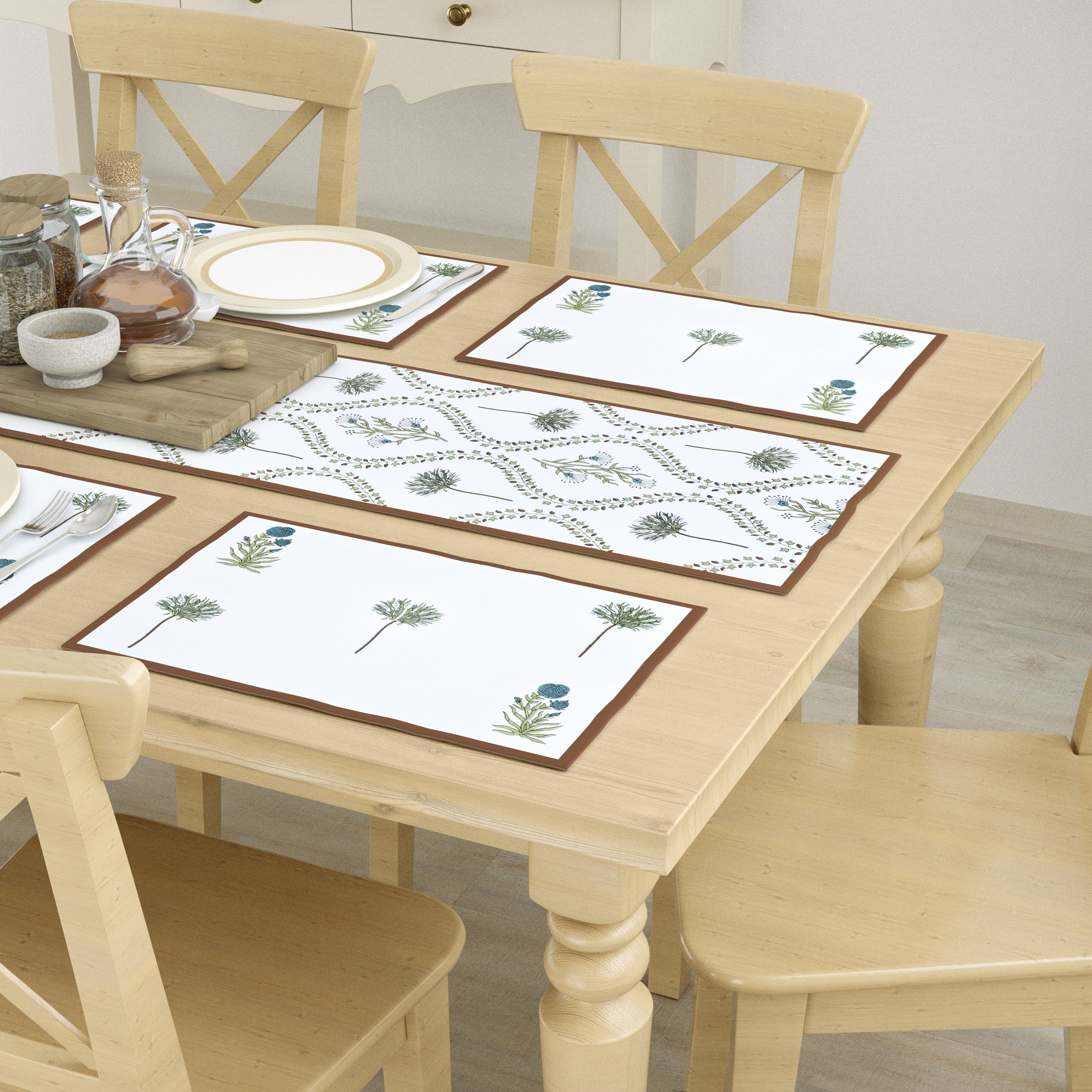 Handblock Printed Canvas Cotton Table Runner With Set Of 6 Mats