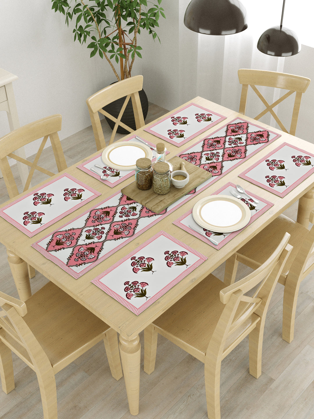 Handblock Printed Canvas Cotton Table Runner With Set Of 6 Mats