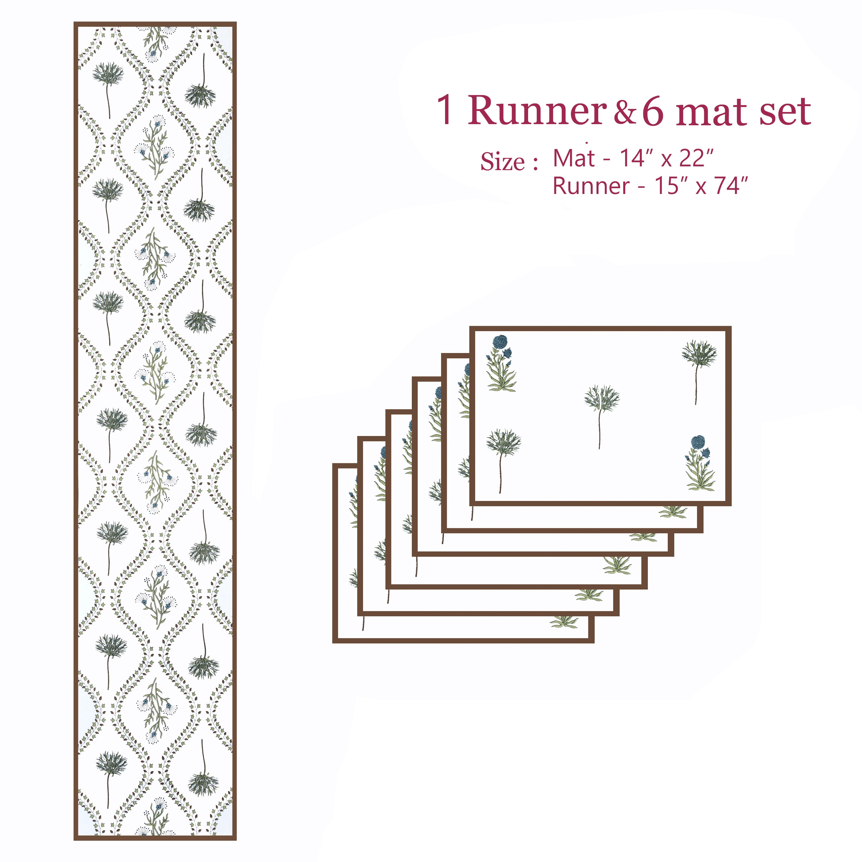 Handblock Printed Canvas Cotton Table Runner With Set Of 6 Mats