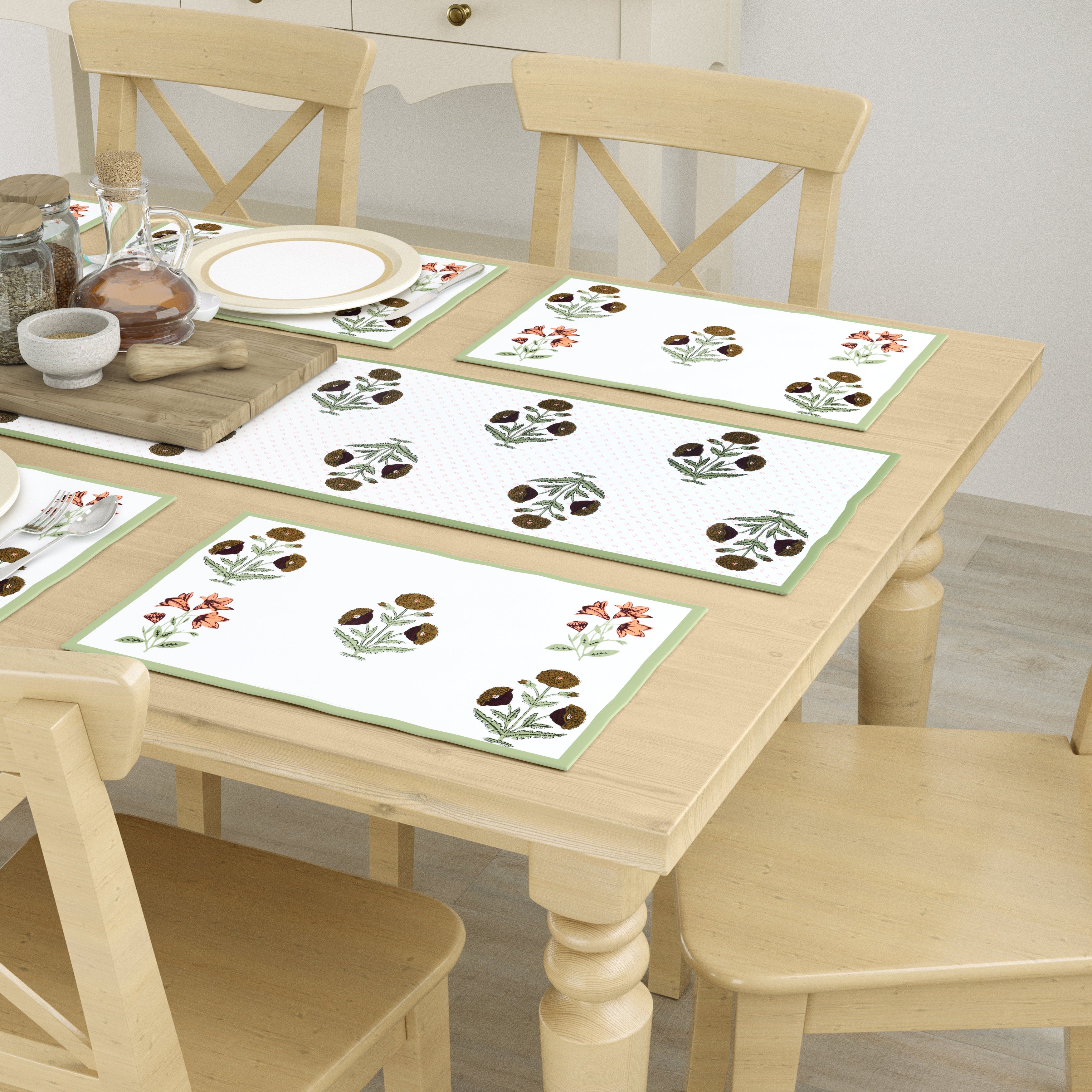 Diwali Gift Box with Handblock Printed Canvas Cotton Table Runner & Set Of 6 Mats, 2 laddoo candles