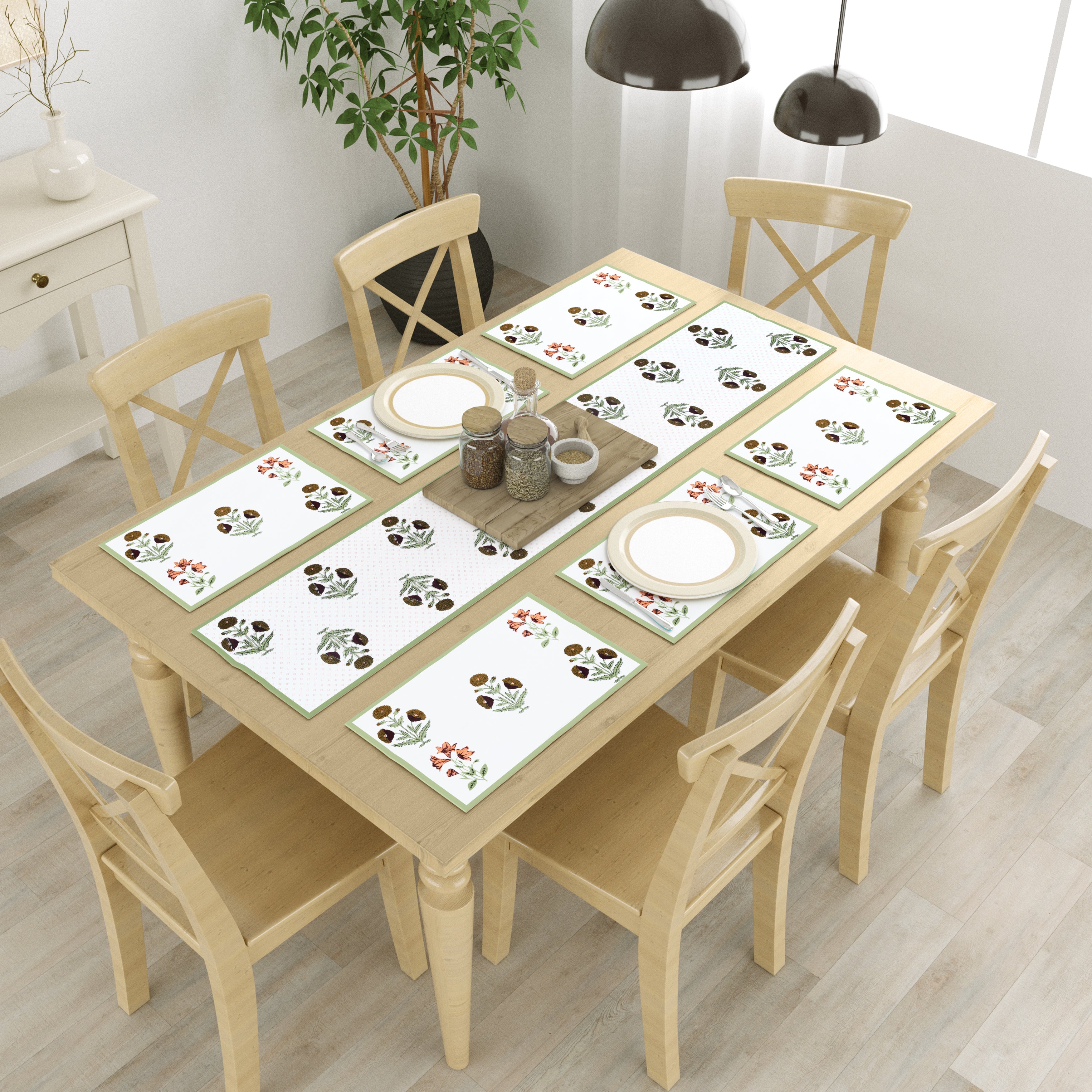 Handblock Printed Canvas Cotton Table Runner With Set Of 6 Mats
