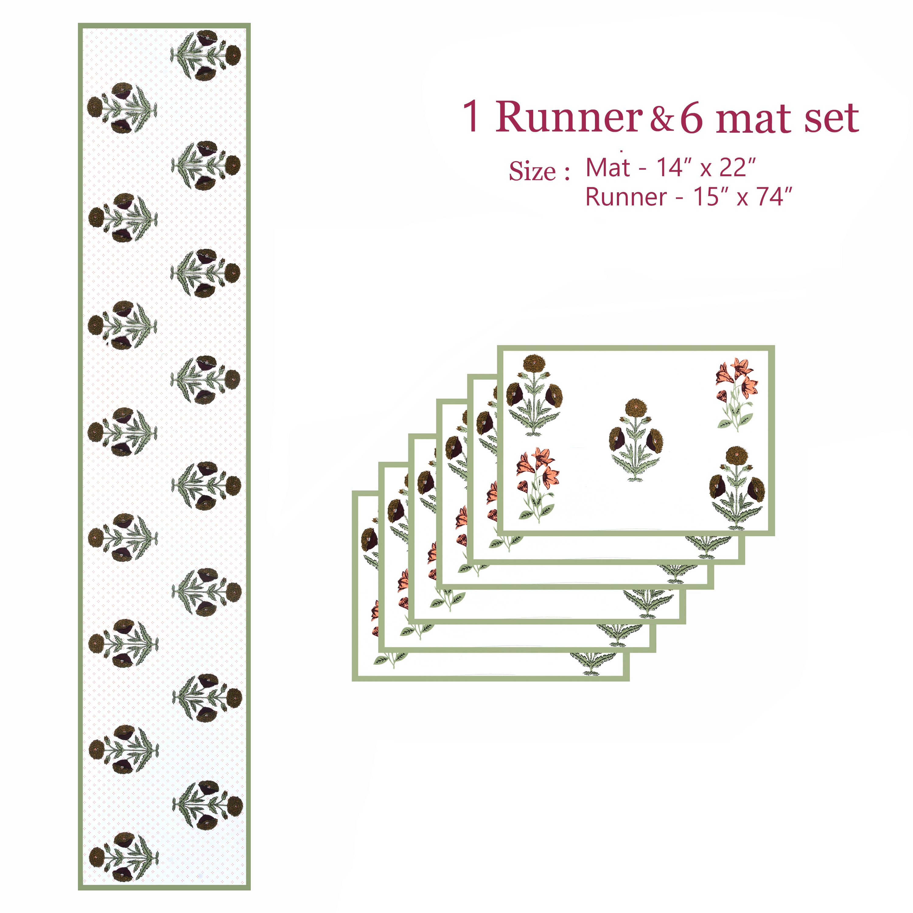 Diwali Gift Box with Handblock Printed Canvas Cotton Table Runner & Set Of 6 Mats, 2 laddoo candles