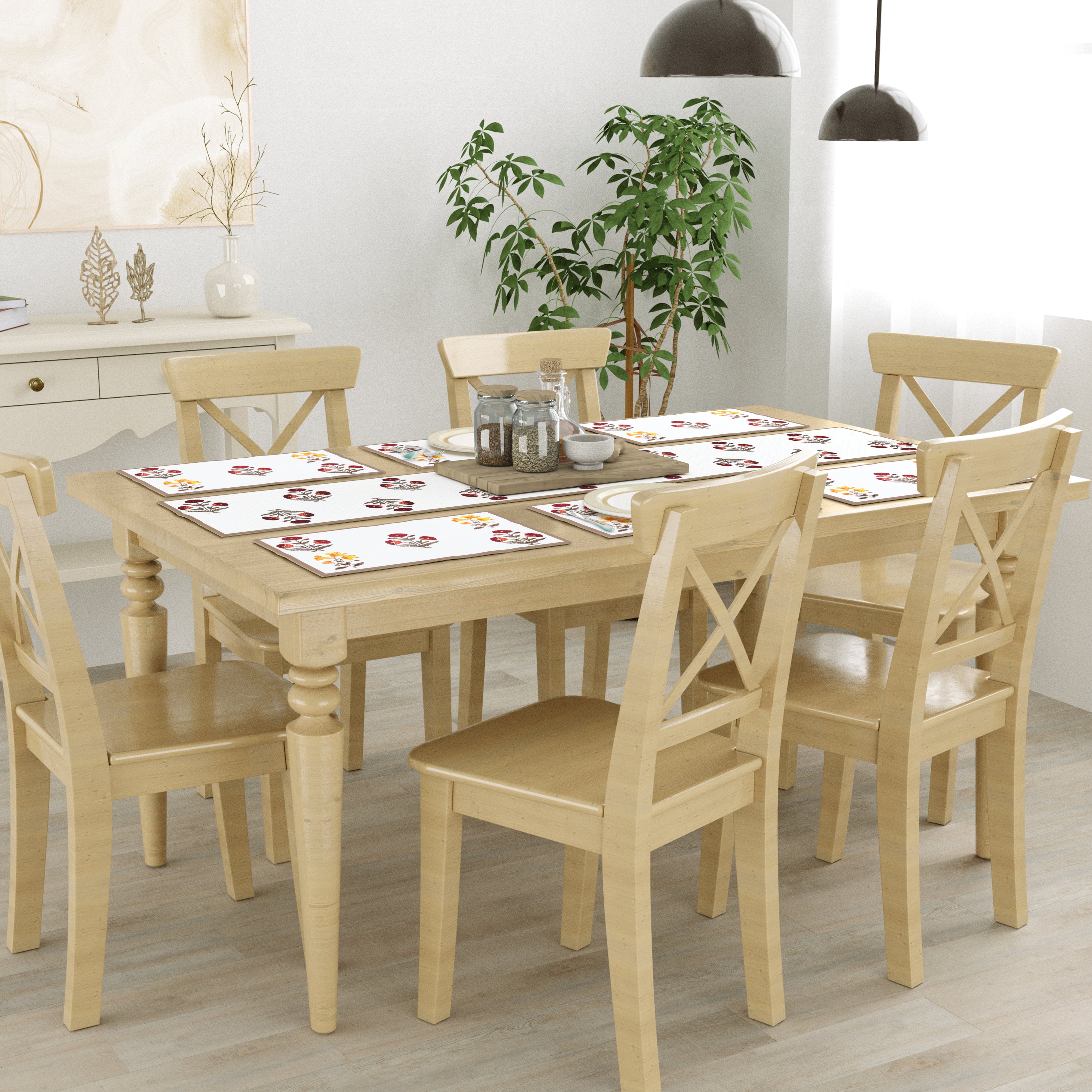 Diwali Gift Box with Handblock Printed Canvas Cotton Table Runner & Set Of 6 Mats, 2 laddoo candles