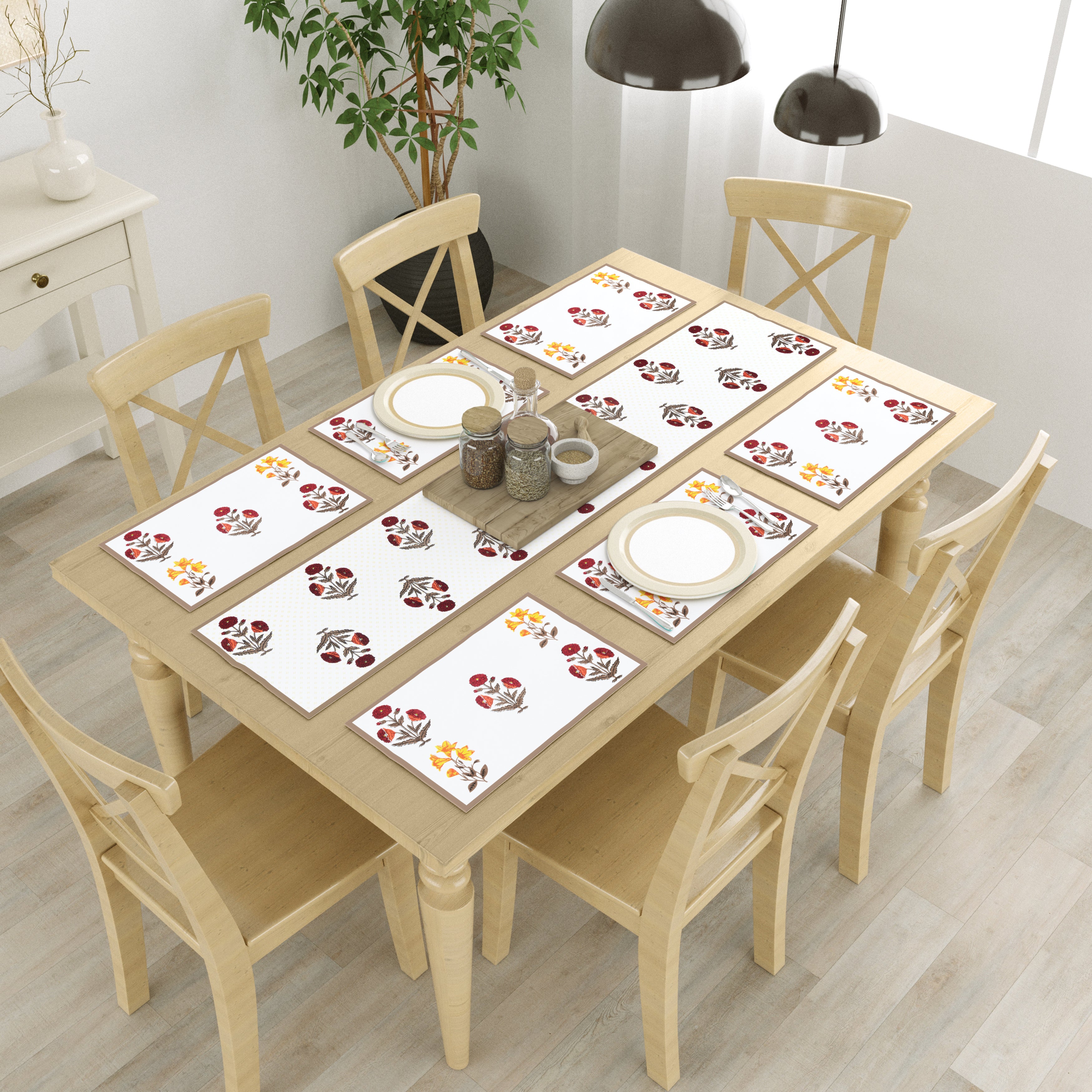 Handblock Printed Canvas Cotton Table Runner With Set Of 6 Mats