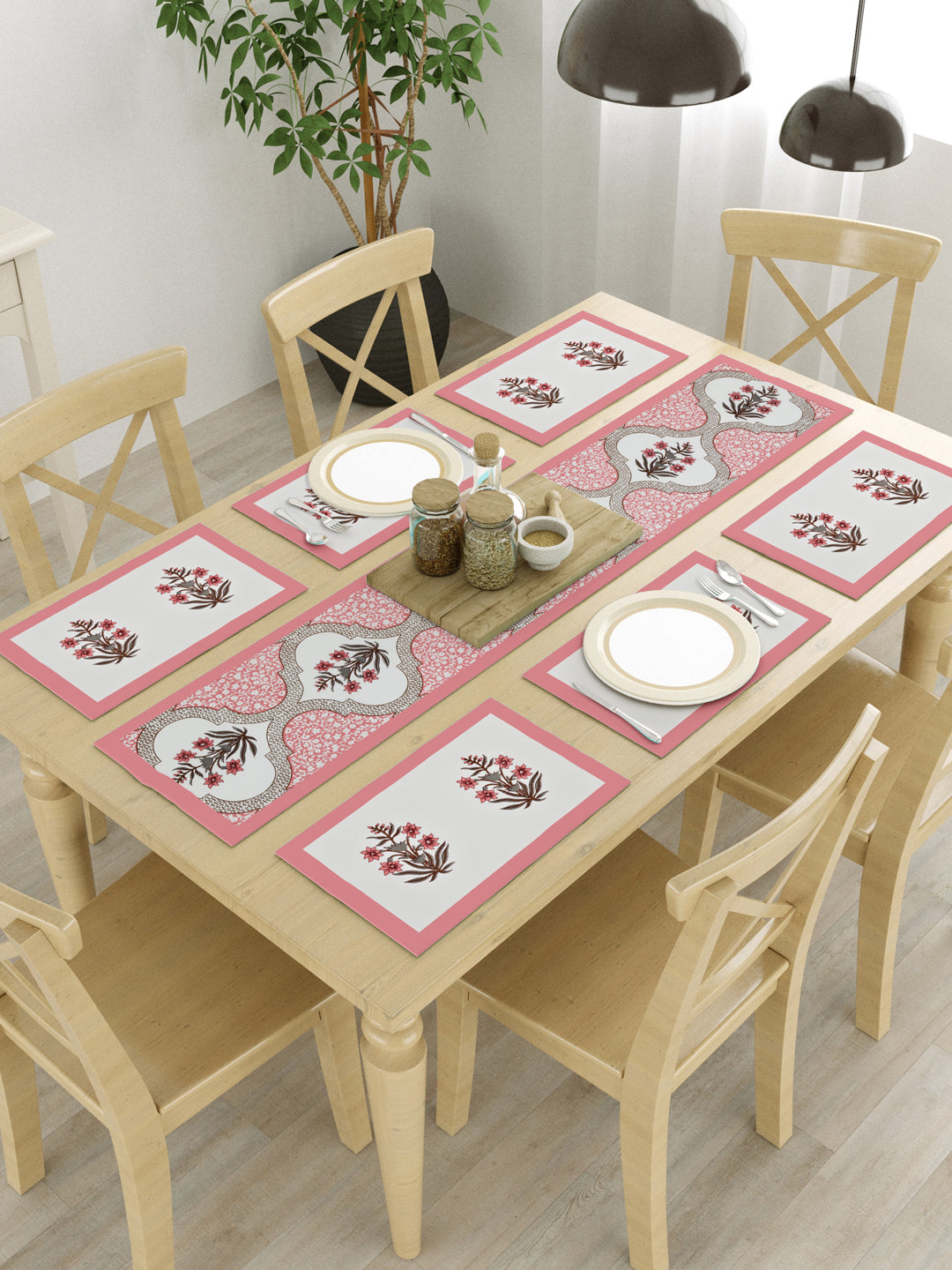 Handblock Printed Canvas Cotton Table Runner With Set Of 6 Mats