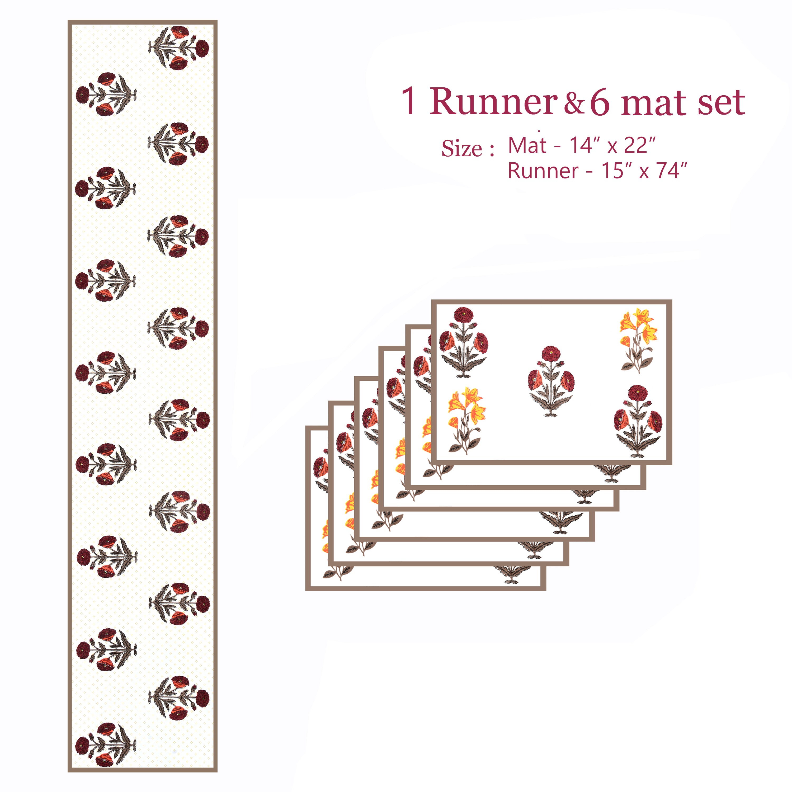 Handblock Printed Canvas Cotton Table Runner With Set Of 6 Mats