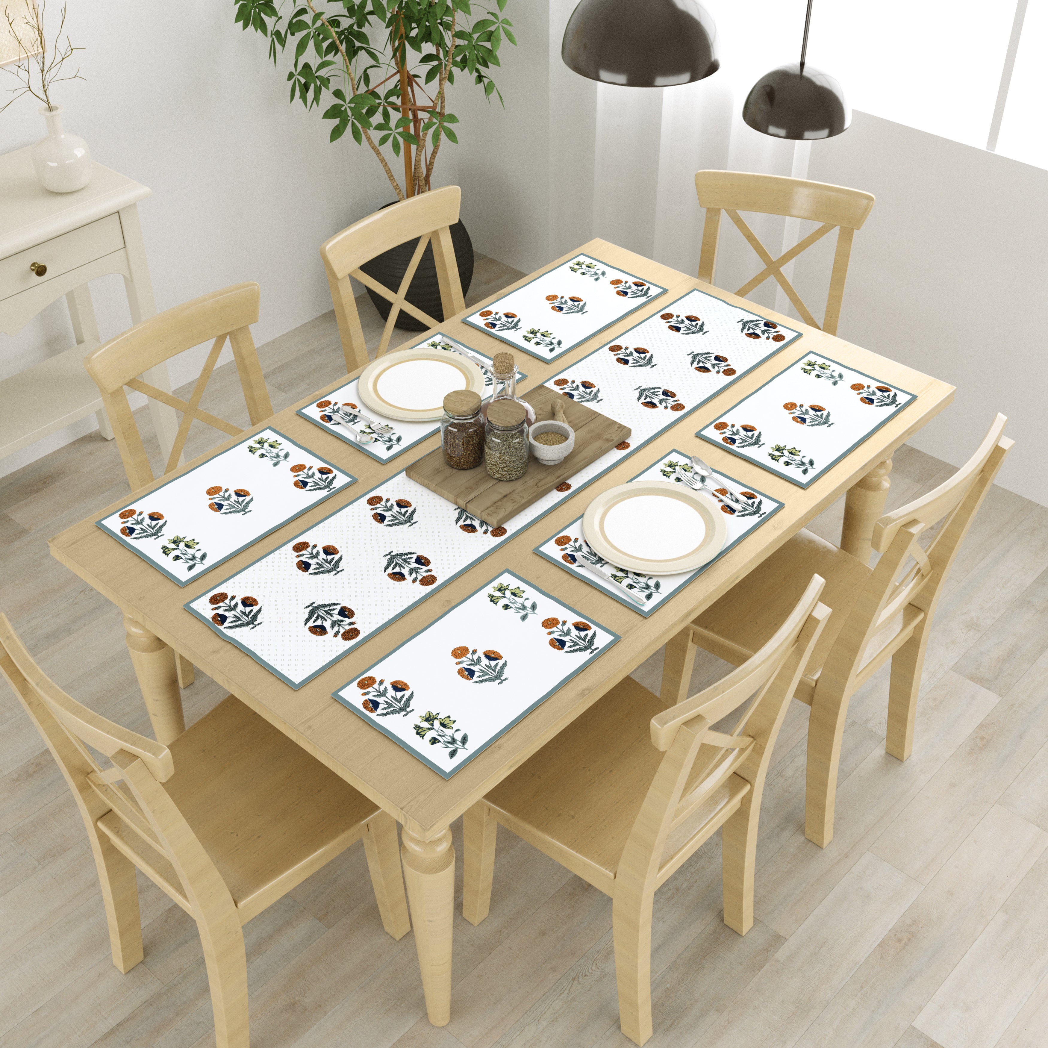 Diwali Gift Box with Handblock Printed Canvas Cotton Table Runner & Set Of 6 Mats, 2 laddoo candles