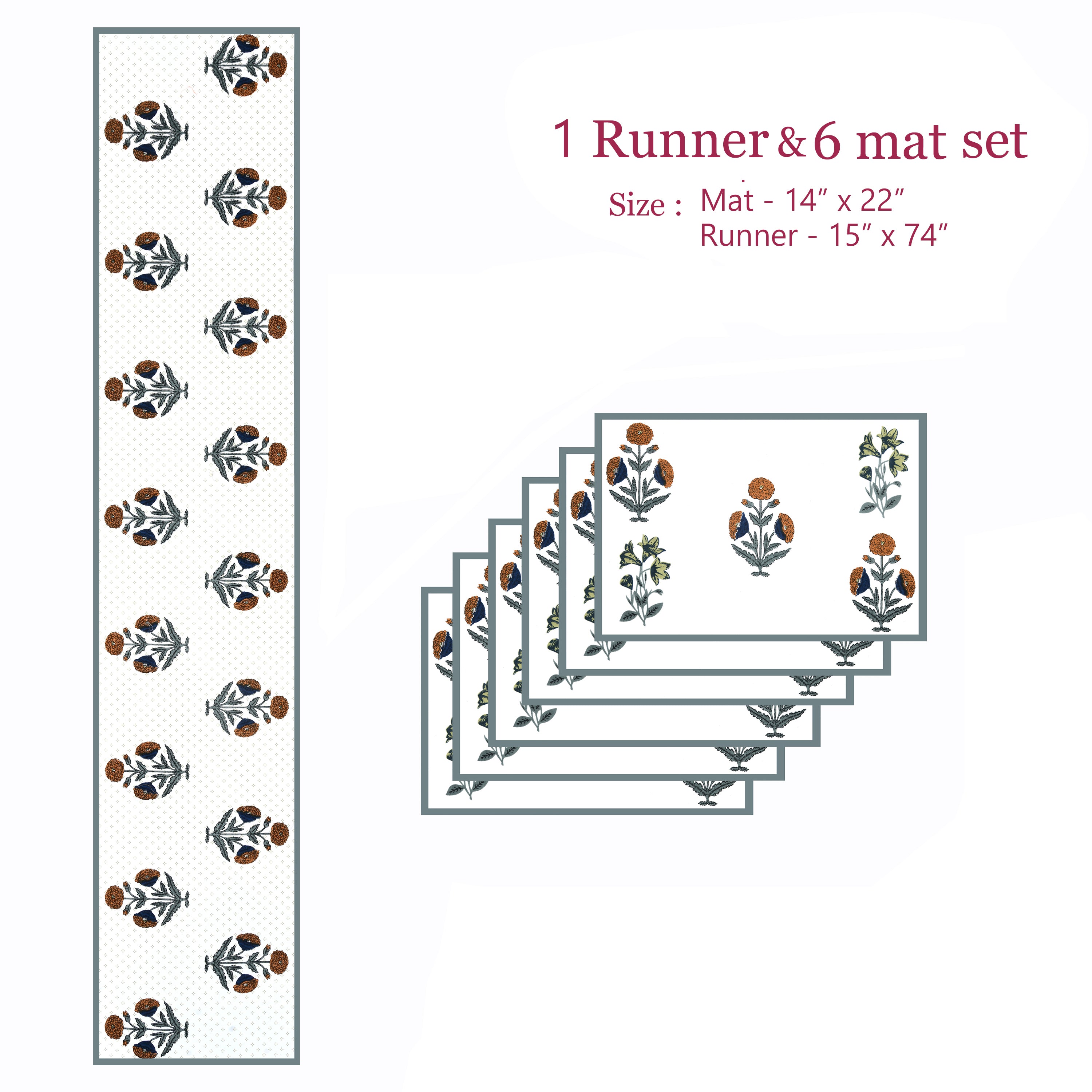 Handblock Printed Canvas Cotton Table Runner With Set Of 6 Mats