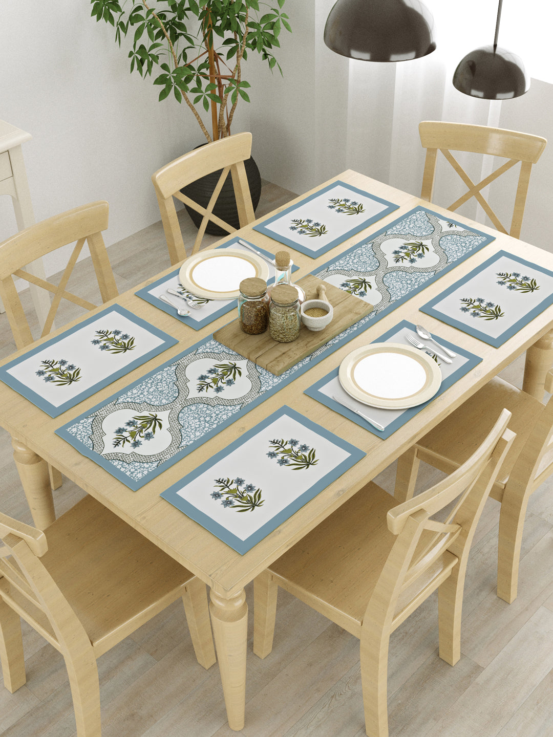 Handblock Printed Canvas Cotton Table Runner With Set Of 6 Mats