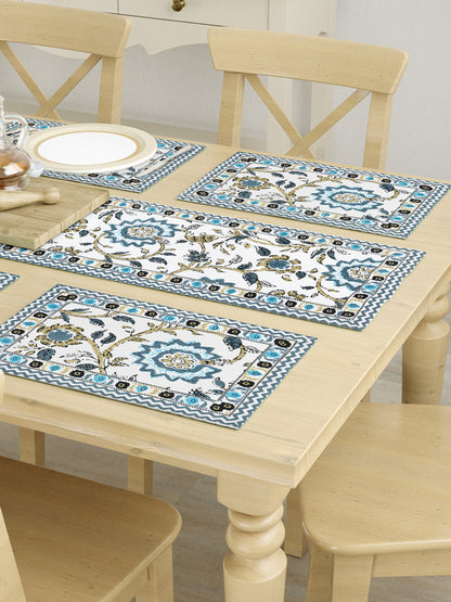 Handblock Printed Canvas Cotton Table Runner With Set Of 6 Mats