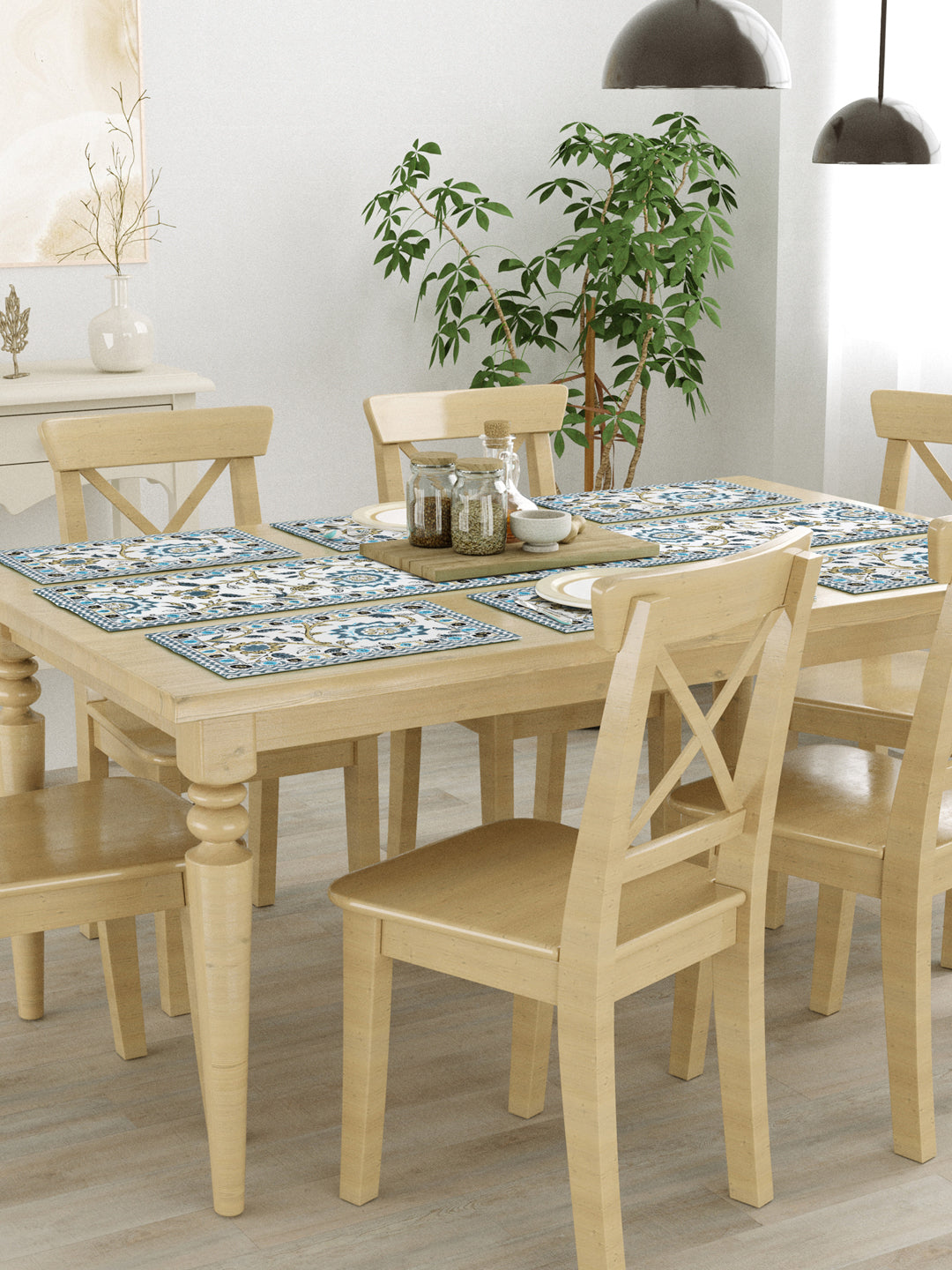 Handblock Printed Canvas Cotton Table Runner With Set Of 6 Mats