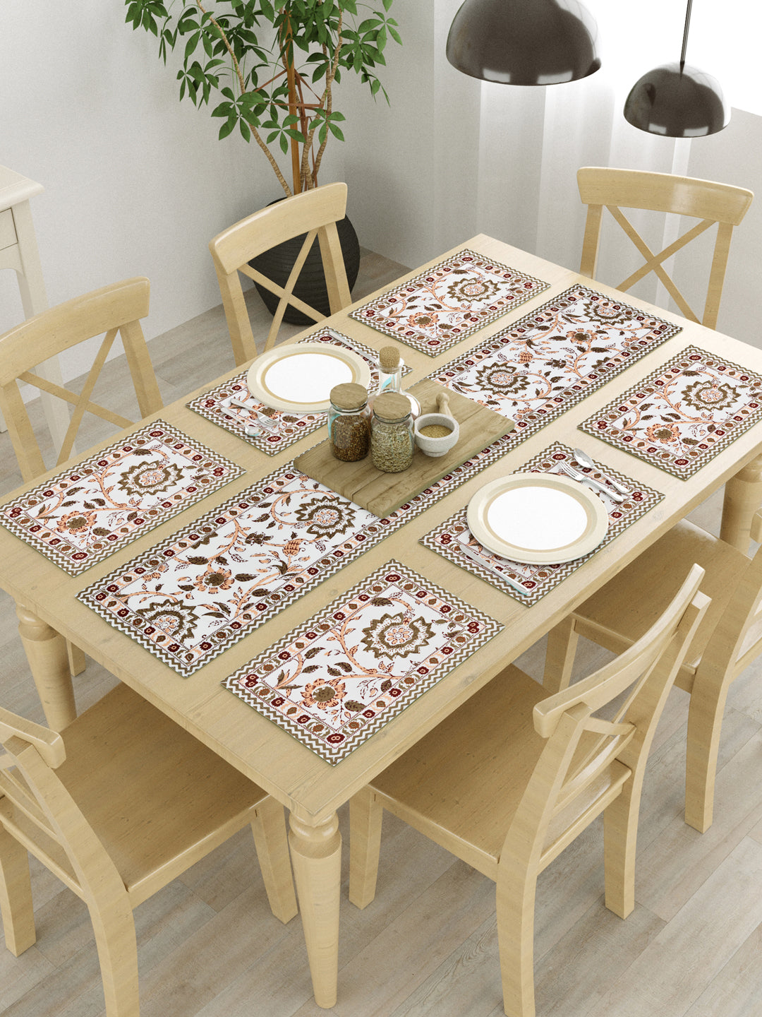 Diwali Gift Box with Handblock Printed Canvas Cotton Table Runner, Set Of 6 Mats & set of 2 Laddoo Candle