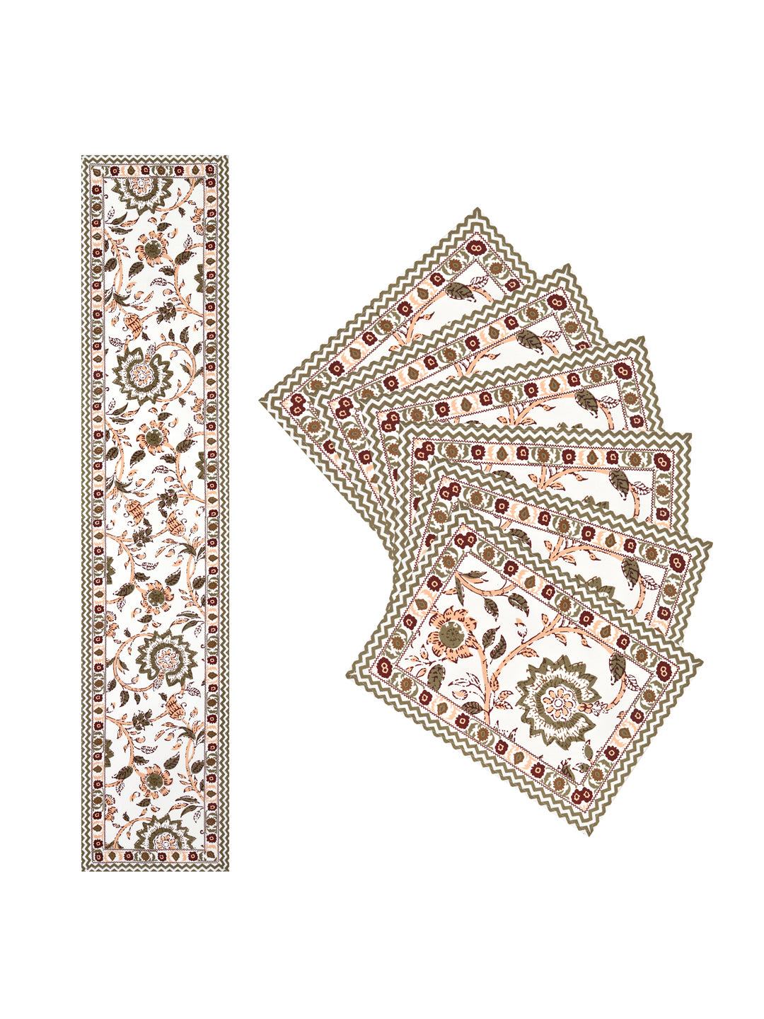 Handblock Printed Canvas Cotton Table Runner With Set Of 6 Mats