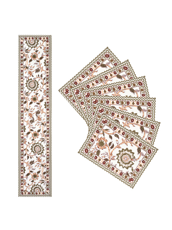 Diwali Gift Box with Handblock Printed Canvas Cotton Table Runner, Set Of 6 Mats & set of 2 Laddoo Candle