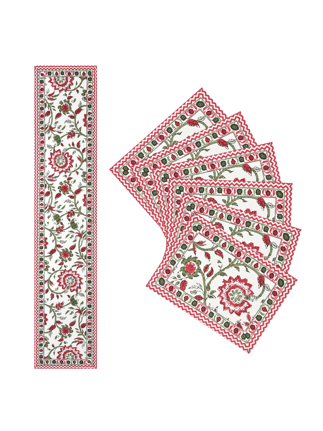 Diwali Gift Box with Handblock Printed Canvas Cotton Table Runner, Set Of 6 Mats & set of 2 Laddoo Candle