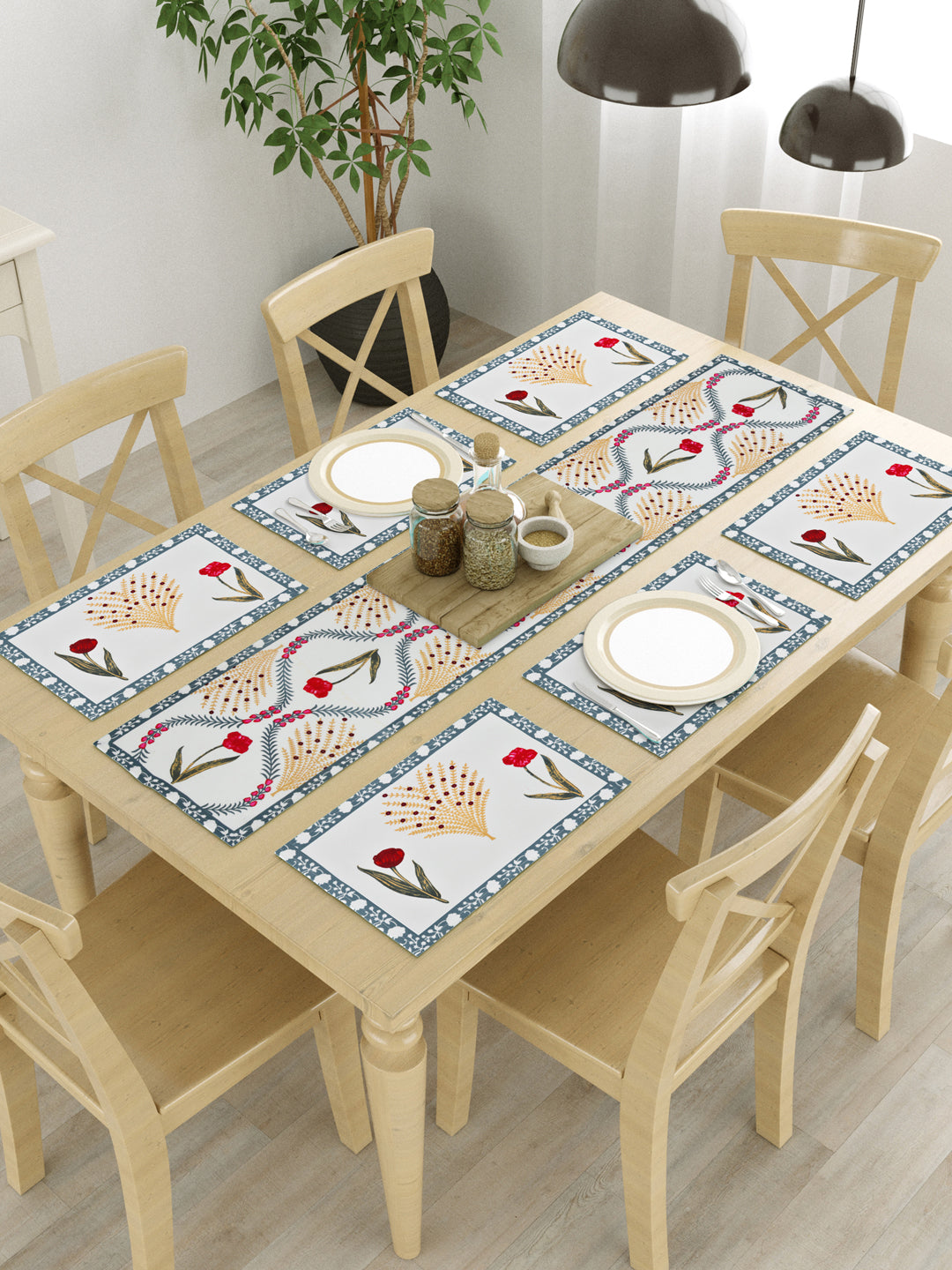 Diwali Gift Box with Handblock Printed Canvas Cotton Table Runner, Set Of 6 Mats & set of 2 Laddoo Candle