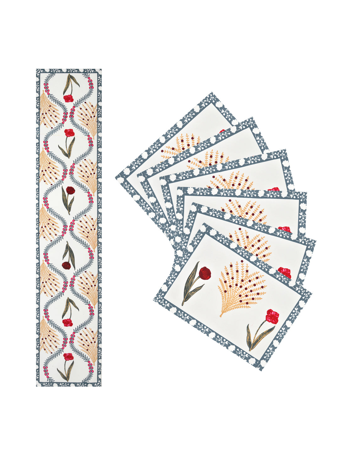 Diwali Gift Box with Handblock Printed Canvas Cotton Table Runner, Set Of 6 Mats & set of 2 Laddoo Candle