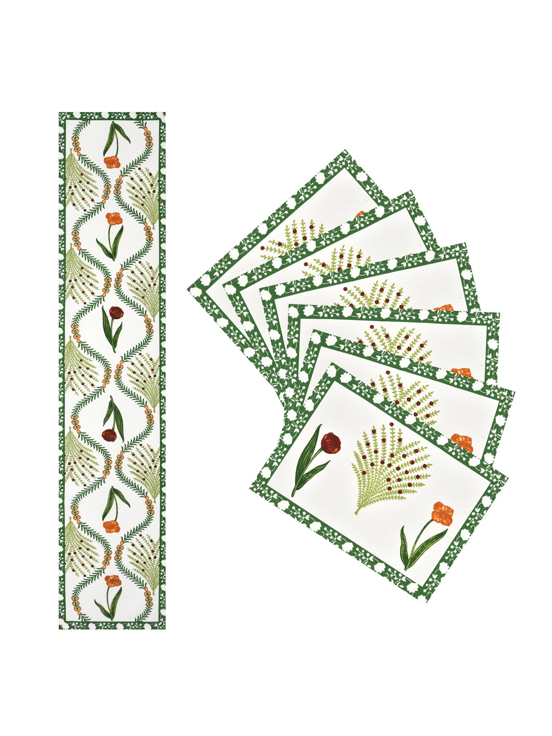 Handblock Printed Canvas Cotton Table Runner With Set Of 6 Mats