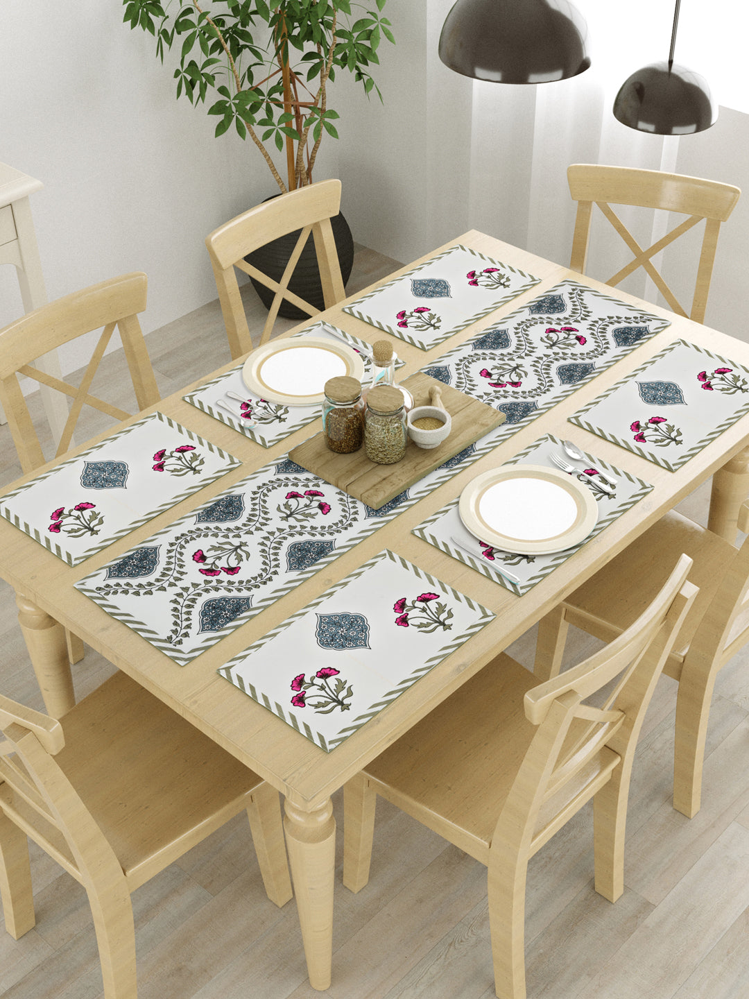 Diwali Gift Box with Handblock Printed Canvas Cotton Table Runner, Set Of 6 Mats & set of 2 Laddoo Candle