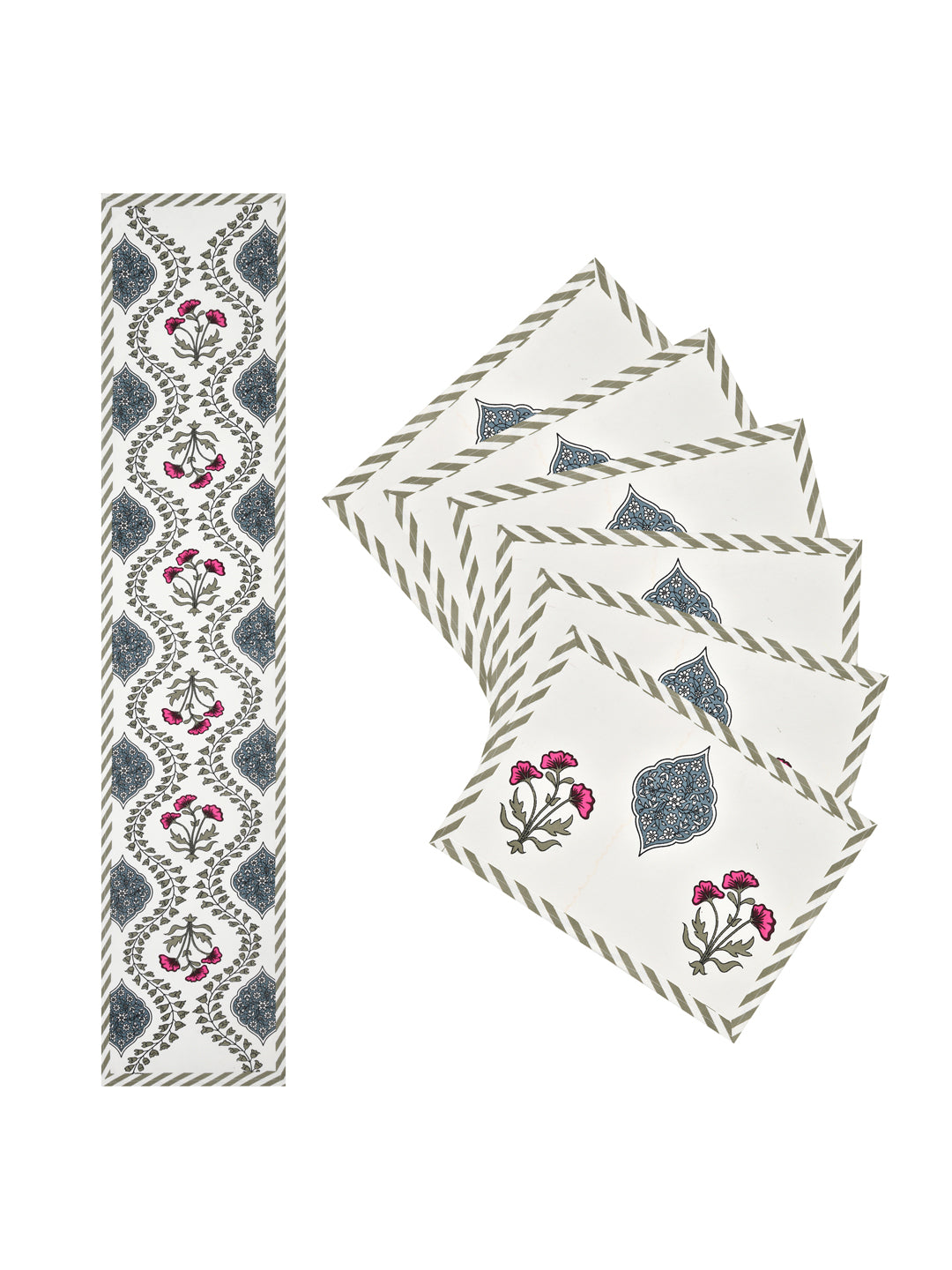 Diwali Gift Box with Handblock Printed Canvas Cotton Table Runner, Set Of 6 Mats & set of 2 Laddoo Candle
