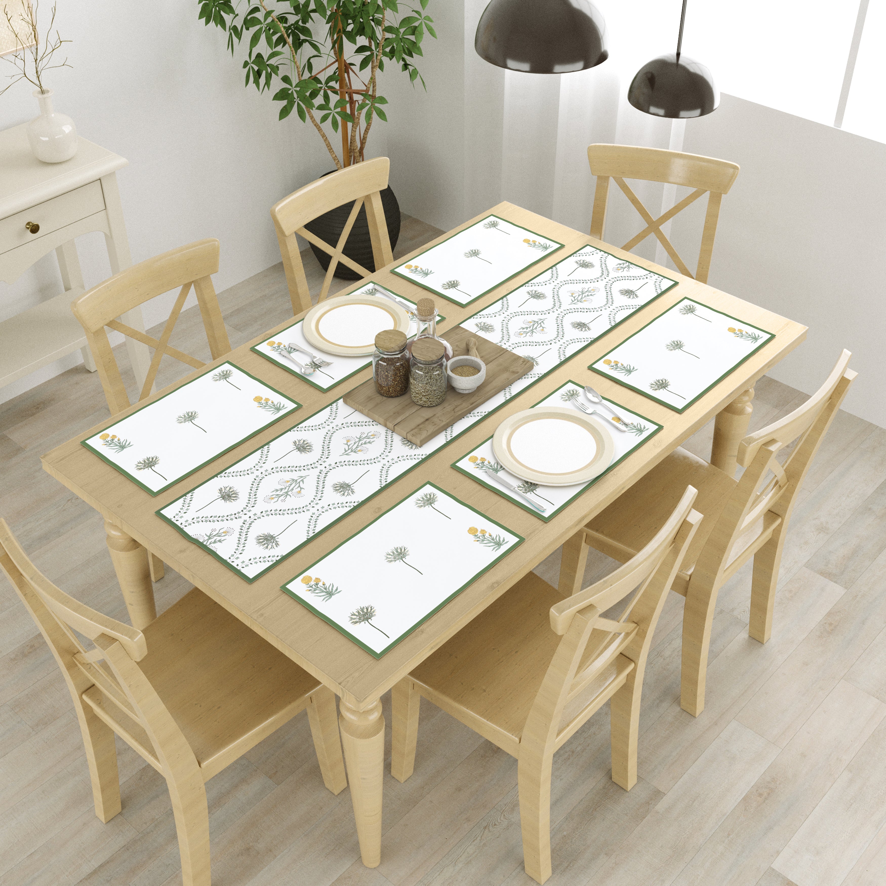 Diwali Gift Box with Handblock Printed Canvas Cotton Table Runner & Set Of 6 Mats, 2 laddoo candles