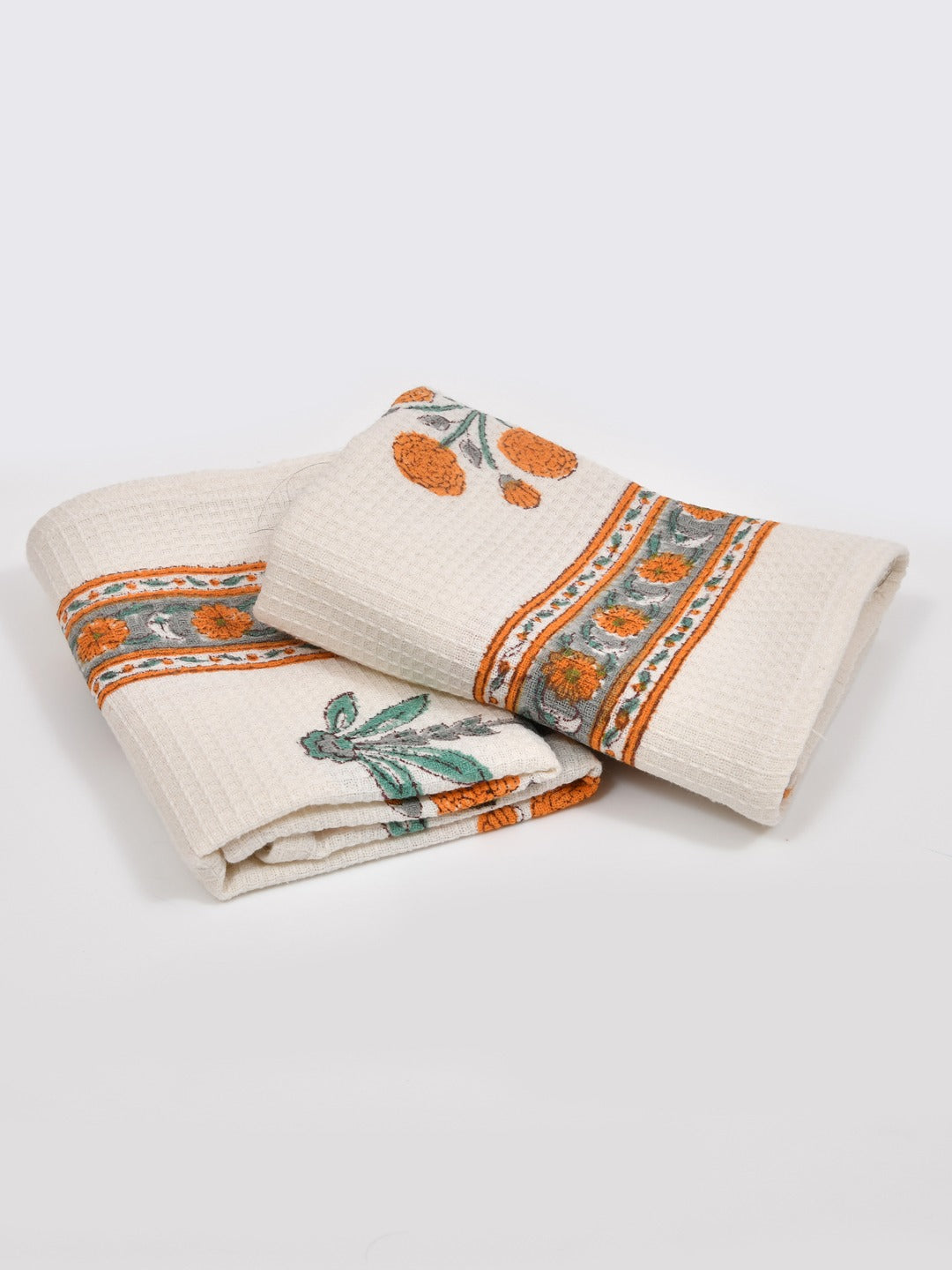 Hand Block Printed Honey Comb Cotton Hand Towel- Set of 2