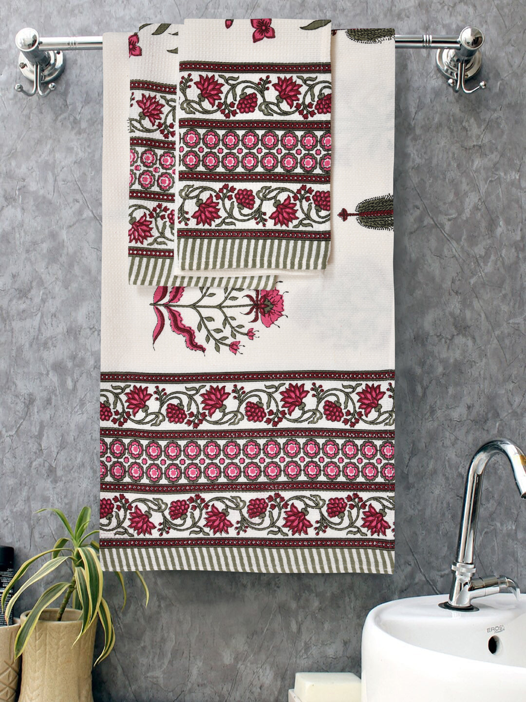 Gift Set - Handblock Printed Towels - 1 Bath + 2 Hand Towels