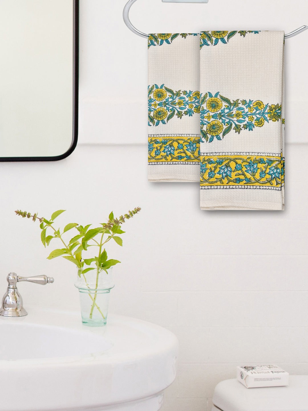 Hand Block Printed Honey Comb Cotton Hand Towel- Set of 2