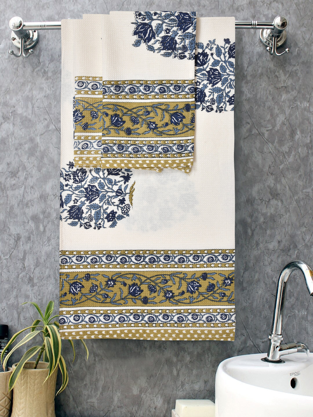 Gift Set - Handblock Printed Towels - 1 Bath + 2 Hand Towels