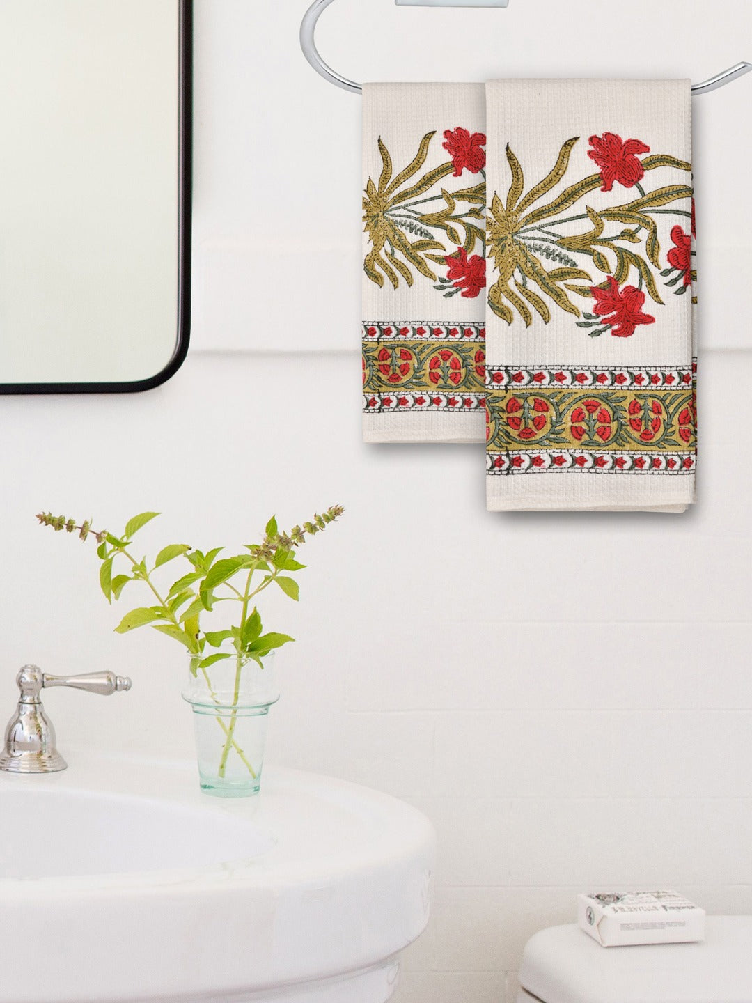 Hand Block Printed Honey Comb Cotton Hand Towel- Set of 2