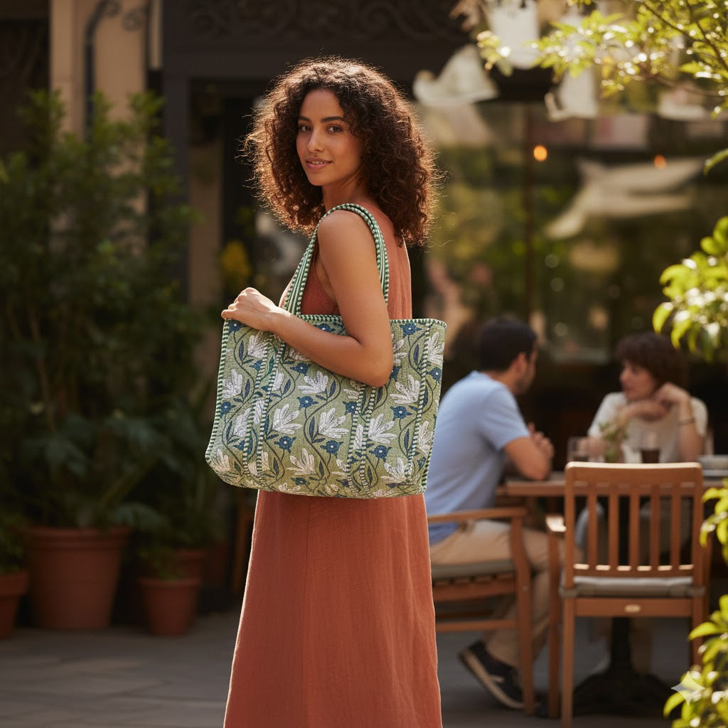 Handblock Printed Quilted Tote Bag with concealed zip ( 17x18x 6 inches)