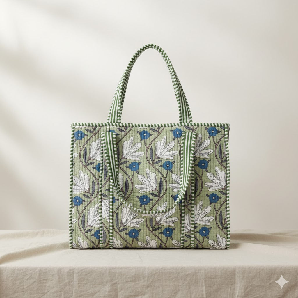Handblock Printed Quilted Tote Bag with concealed zip ( 17x18x 6 inches)