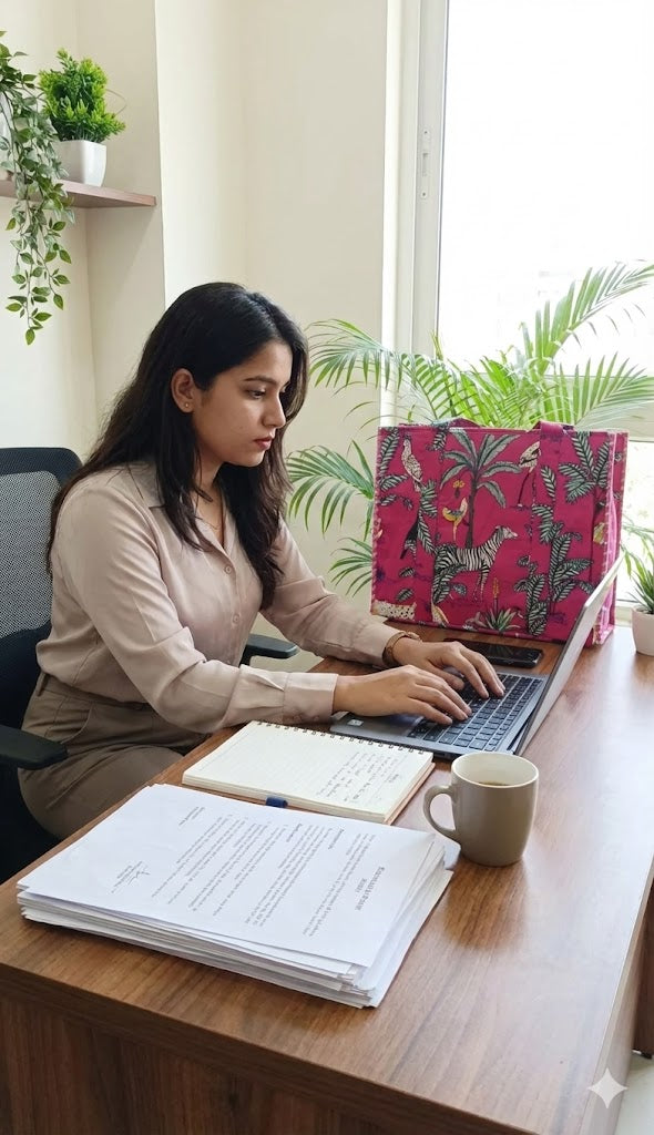 Structured Tote Bag without zip - 100% cotton Handblock printed 17x18x6 inches