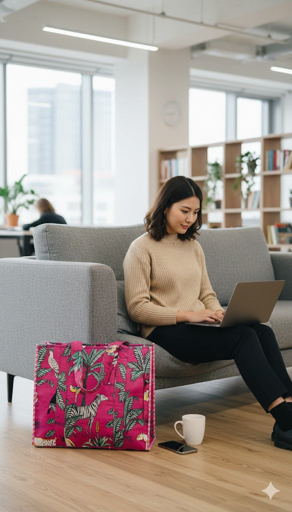 Structured Tote Bag without zip - 100% cotton Handblock printed 17x18x6 inches