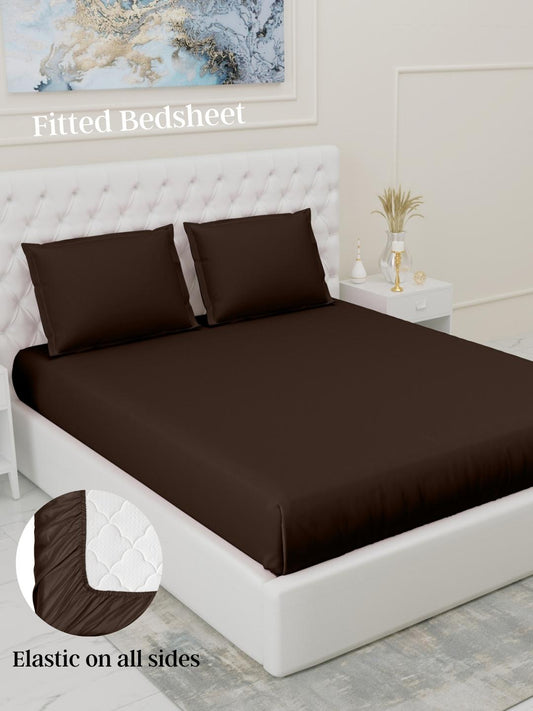 Fitted Bedsheets with elastic and 2 Pillow Covers - Brown