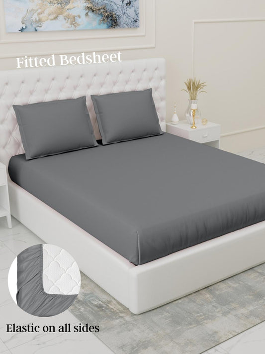 Fitted Bedsheets with elastic and 2 Pillow Covers - Light Grey