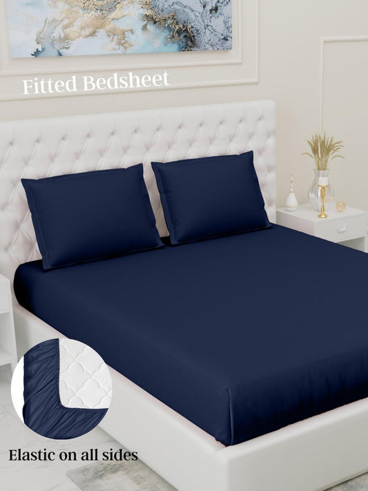 Fitted Bedsheets with elastic and 2 Pillow Covers - Dark Blue