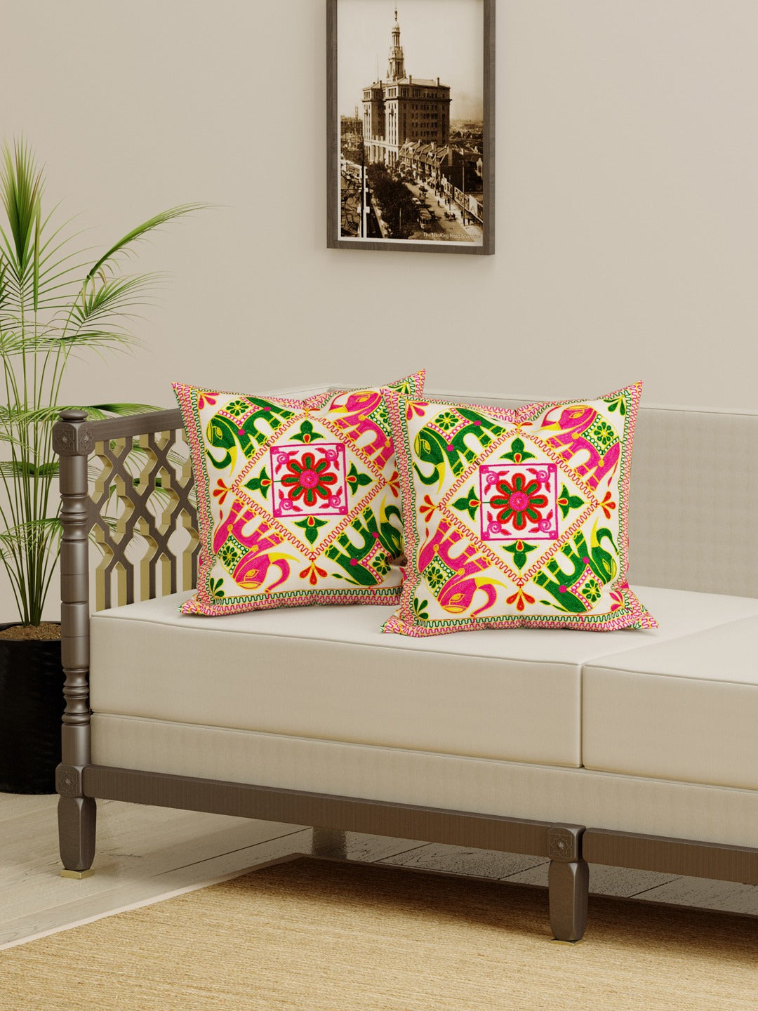 Set of 2 Embroidered Cushion Covers - 16 Inches