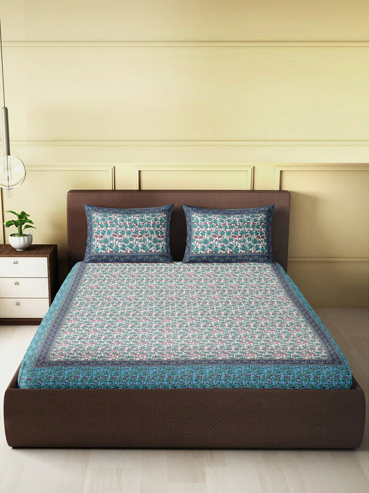 Handblock Printed King Size Bedsheet with 2 Pillow Covers