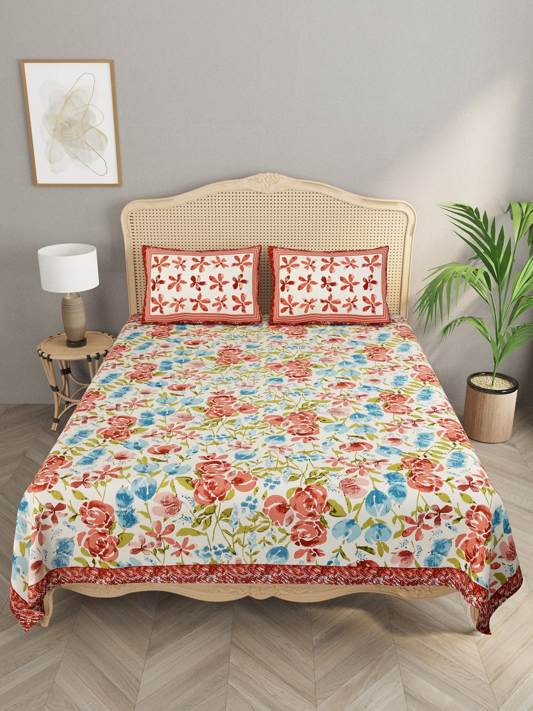 Floral Print Cotton Double King Bedsheet with 2 Pillow Covers
