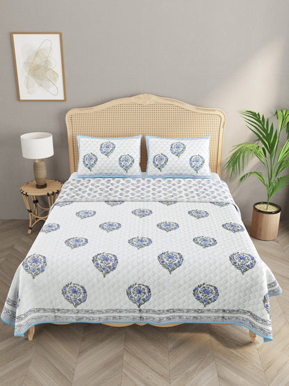 Handblock Printed Quilted Reversible Cotton Bedcover with 2 Pillow Covers
