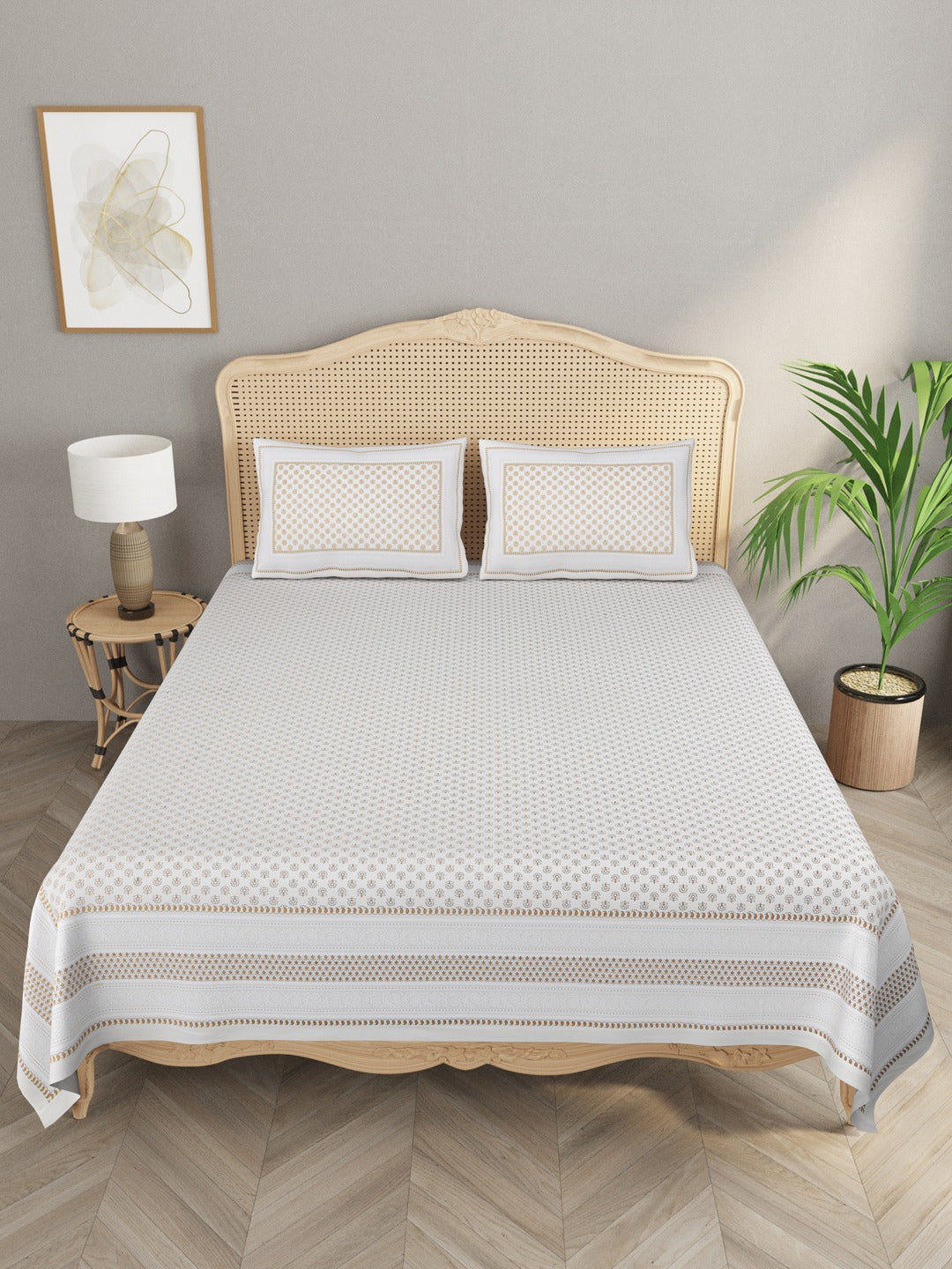 Double King Bedsheet with 2 Pillow Covers with Gold print