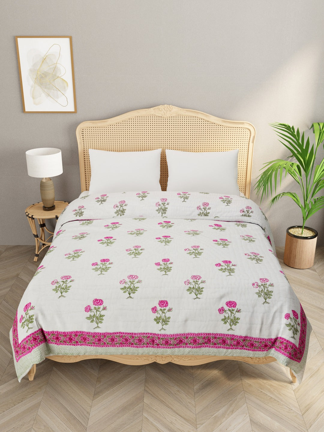 Handblock Printed Double Bed Quilt 380 GSM American Cotton Filling